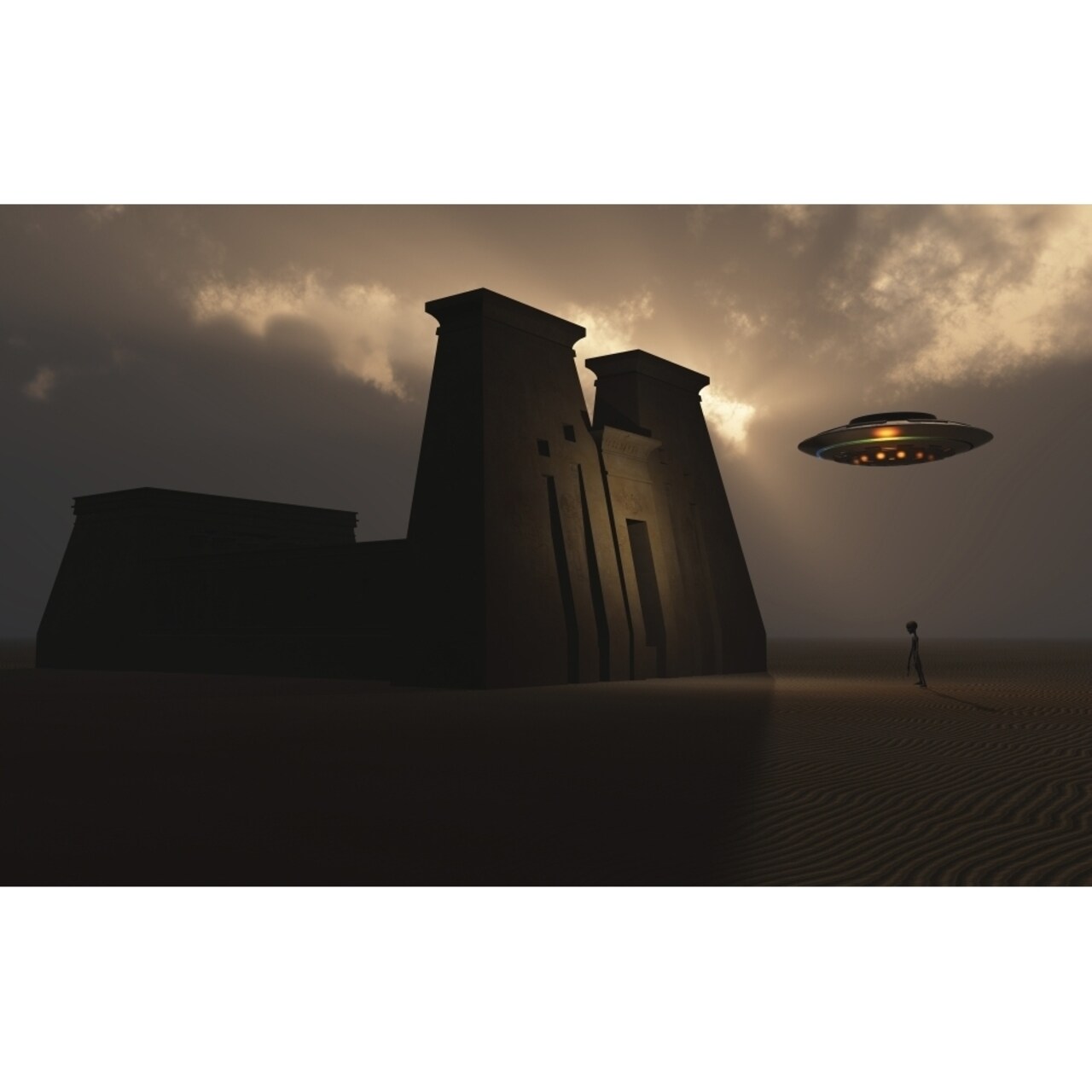 A Grey Alien And Its Flying Saucer Visiting The Site Of An Ancient Egyptian Temple. Poster Print By Mark Stevenson/Stock